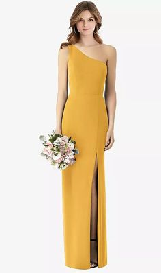 One-shoulder Crepe Trumpet Bridesmaid Dress With Front Slit In Nyc Yellow | The Dessy Group Palette Bridesmaid Dresses, Mustard Yellow Bridesmaid Dresses, Mustard Bridesmaid Dresses, Mustard Yellow Bridesmaid Dress, Marigold Bridesmaid Dress, Yellow Bridesmaid, Girls Bridesmaid Dresses, Yellow Bridesmaid Dresses, Yellow Bridesmaids