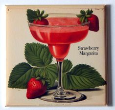 a painting of a strawberry margarita in a glass with strawberries on the rim and green leaves