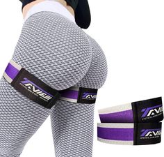 the back view of a woman's leggings with purple and white stripes