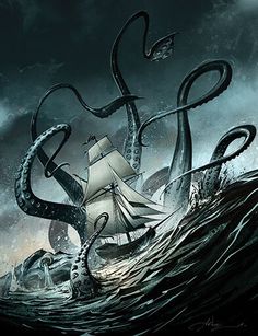 an octopus attacking a ship in the ocean with it's tentacles stretched out to its sides