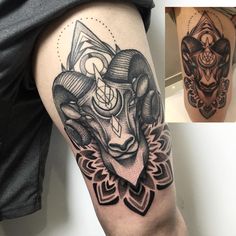 two pictures of tattoos on the legs of men and women, one with an animal head