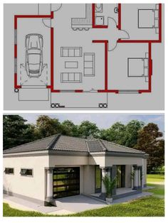 two story house plans with garage and living room in the middle, one bedroom on each floor