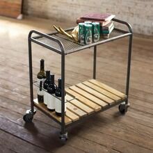 a metal cart filled with bottles and wine