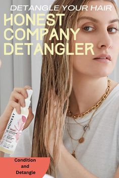 Lady woman with white shirt and gold necklace spraying wet hair with honest detangler with Conditioning Hair, The Honest Company, Honest Company, Hair Detangler, Leave In Conditioner, Beauty Hair, Hair Conditioner, Leave In, Cruelty Free