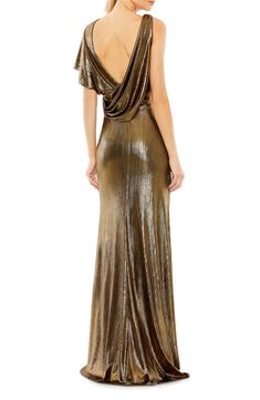 Gilded Grecian goddess is the design direction of an intoxicating gown done with rows of ruching and asymmetric details. 61" length (size 8) Surplice V-neck Single short sleeve Lined Asian Owned/Founded 100% polyester Spot clean Imported Dusty Gold Wedding Dress, Grey And Gold Formal Dress, Bright Golden Dress, Single Butterfly, Mnm Couture, Jasz Couture, Draped Bodice, Grecian Goddess, Sheath Gown