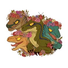 three dinosaurs with flowers on their heads