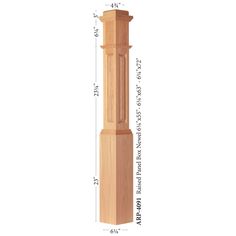 a tall wooden pillar with measurements for the top and bottom part, on a white background