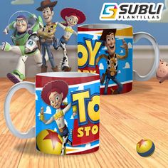 two mugs with toy story characters on them and a ball in the floor next to them