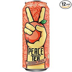 a can of peace tea with an apple in the middle and two fingers on top