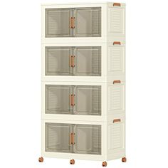 four tiered storage unit with doors and wheels on each side, in white color