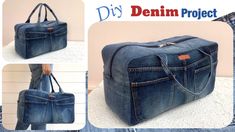 the denim bag is being displayed in three different pictures