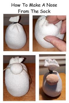 instructions for how to make a nose from the sock, with pictures and text below