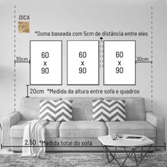 a living room with couches, coffee table and other items in the measurements for each piece