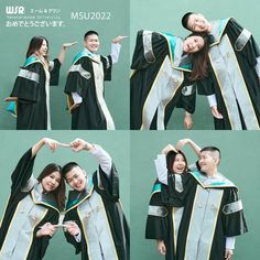 three pictures of two people in graduation gowns and one is holding his arm around the other's neck