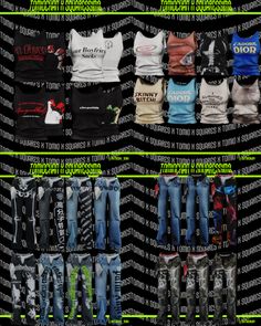 several different types of clothing are displayed on a black and green striped background with words