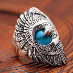 Men's Sterling Silver Turquoise Eagle Ring - Jewelry1000.com Mens Sterling Silver Jewelry, Vintage Turquoise Ring, Ring Party Jewelry, Eagle Ring, Silver Jewelry Design, Mens Silver Rings, Sterling Silver Mens, Men's Jewelry Rings, Vintage Turquoise