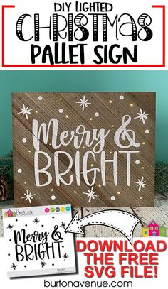 christmas sign with the words merry and bright on it, next to other holiday signs