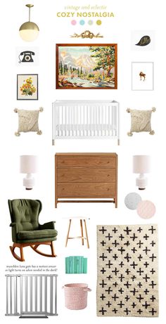 a baby's room with furniture and pictures on the wall, including a crib