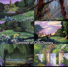 several pictures of different scenes from the animated movie summer in old disney, including flowers and trees