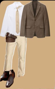 two men's clothing and shoes are shown in this image, one is brown