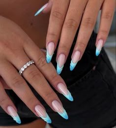 Nails Blue French Tip, Nails Blue French, Blue French Tip, Blue Ombre Nails, Wave Nails, Henna Nails, Happy Nails, Blush Nails, Nails Blue