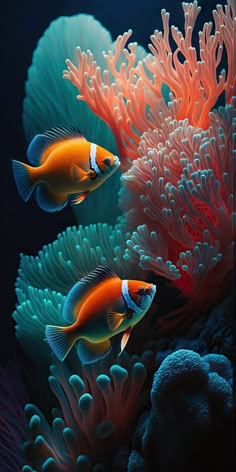 two orange and white fish swimming in an ocean with corals on the bottom side