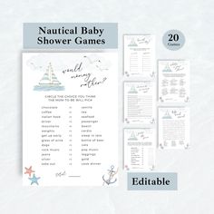 the nautical baby shower game is shown in blue and white