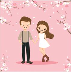 a man and woman holding hands in front of cherry blossom trees with pink flowers on the branches