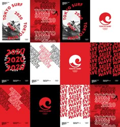 several different types of posters with red and black designs on them, including the words save surf