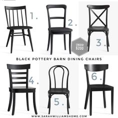 six different chairs with the names black pottery barn dining chairs on each side and numbers for each chair