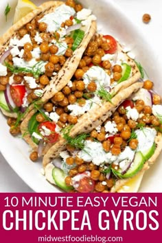 chickpea gyros on a white plate with text overlay