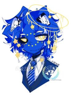 an anime character with blue hair and stars on his head, wearing a suit and tie