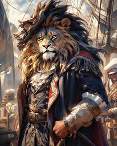 a painting of a lion dressed as a pirate on a ship with other people in the background