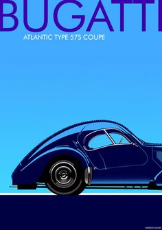 a blue bugatti poster with the words atlantic type 75's coupe