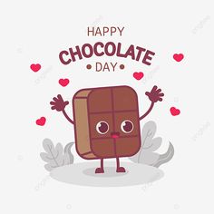 happy chocolate day card with cute cartoon character holding hands up and smiling at the camera