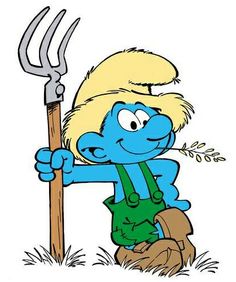 the smurf is holding a pitchfork in his hand