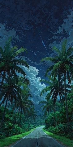 a painting of palm trees on the side of a road under a night sky with stars and clouds