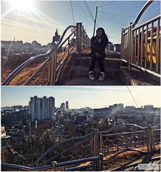 two pictures of a person standing at the top and bottom of stairs with buildings in the background