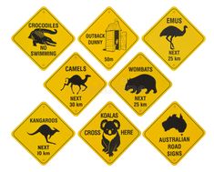 a set of nine road signs depicting animals and crocodiles