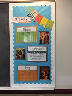 a bulletin board with some pictures on it