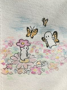 a drawing of two birds and flowers with butterflies in the sky above them on a piece of paper