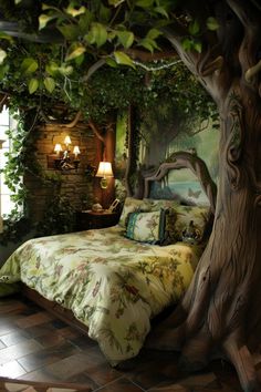 a bed sitting under a tree in a bedroom next to a window with lights on it