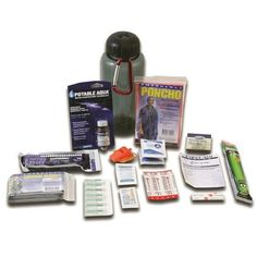 The essential survival supplies you need for emergencies. Supplies come in a light and easy-to-transport 32-ounce BPA-free water bottle which contains: 1 bottle of water purification tablets good up to 25 quarts, 1 400 calorie food bar with a 5-year shelf life, 1 emergency whistle, 1 emergency poncho, 1 survival blanket, 1) box of waterproof matches, 1 emergency light stick (12-hr), 1 first-aid kit (18 piece),1 carbineer clip. Great for for traveling and trips, store one in your car, or office f Water Survival, Water Purification Tablets, Waterproof Matches, Survival Blanket, Food Bar, Survival Supplies, Bug Out Bag, Emergency Kit, Survival Prepping