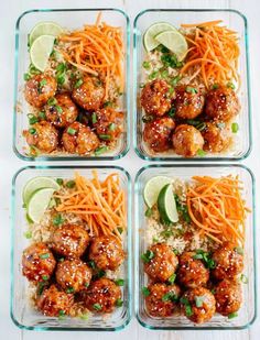 four glass dishes filled with meatballs, carrots and rice topped with lime wedges