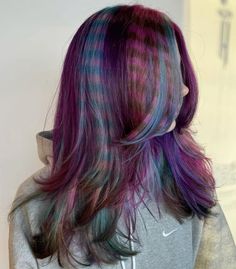 thegirlnamedwalter on ig Multi Colored Highlights For Brunettes, Fairy Dyed Hair, Hair Color Combo Ideas, Ugly Hair Color, Purple Calico Hair, Funky Hair Colour, Fairy Hair Color, Warm Purple Hair, Dark Rainbow Hair