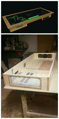 two pictures showing the process of making a table top with wood and glass inserts