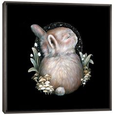 a painting of a rabbit with flowers on it's back and its eyes closed