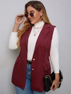 Burgundy Casual  Sleeveless Polyester Plain Vest  Non-Stretch Spring/Fall Plus Size Suits Sleeveless Blazer Outfit Work, Blazer Vest Outfit, Long Blazer Vest, Sleeveless Blazer Vest, Plus Size Blazers, Black Denim Vest, Elegant Vest