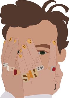 a man holding his hands to his face with different rings on it's fingers