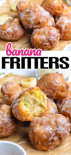 banana fritters on a cutting board with bananas in the background and text overlay